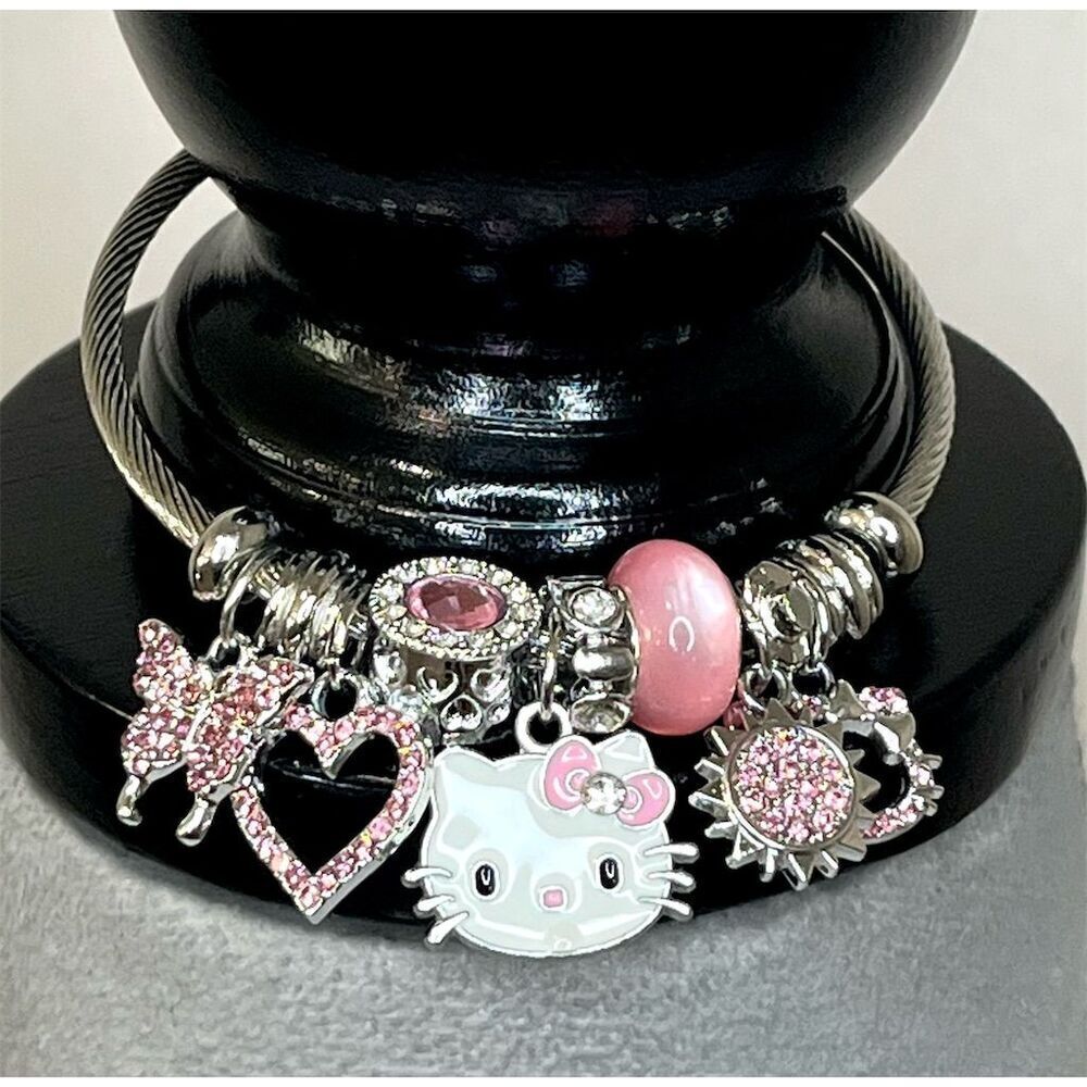Sanrio Hello Kitty Pink Charm Bracelet Hearts & Butterflies Y2k Birthday Bling - Picture 3 of 6